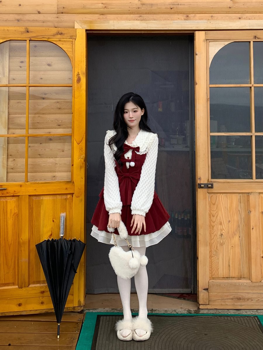 Burgundy Red Sweet Bow Strap Skirt Christmas Lolita Velvet Dress