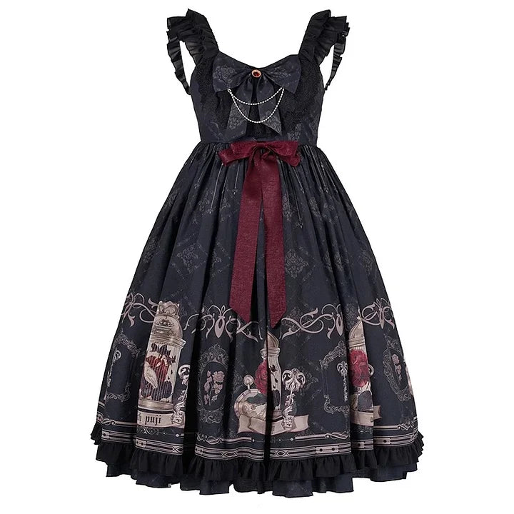 Caged Bird Black Goth Lolita Dress Jump Skirt JSK Elegant Long Dresses