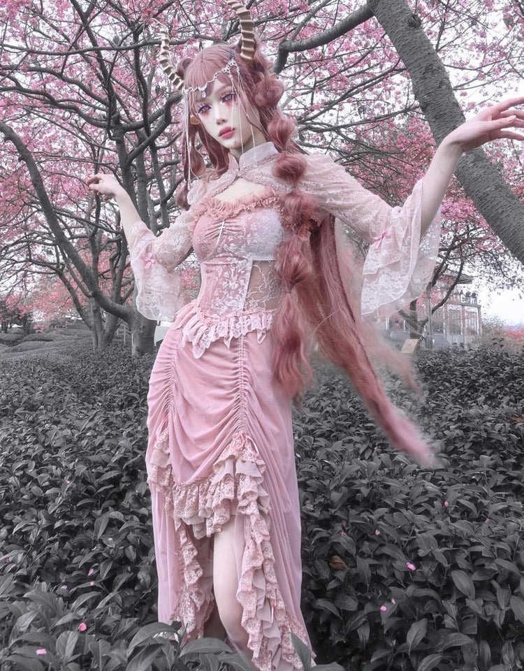 Cherry Blossoms Pink Gothic Velvet Drawstring Dress Elegant Long Dress