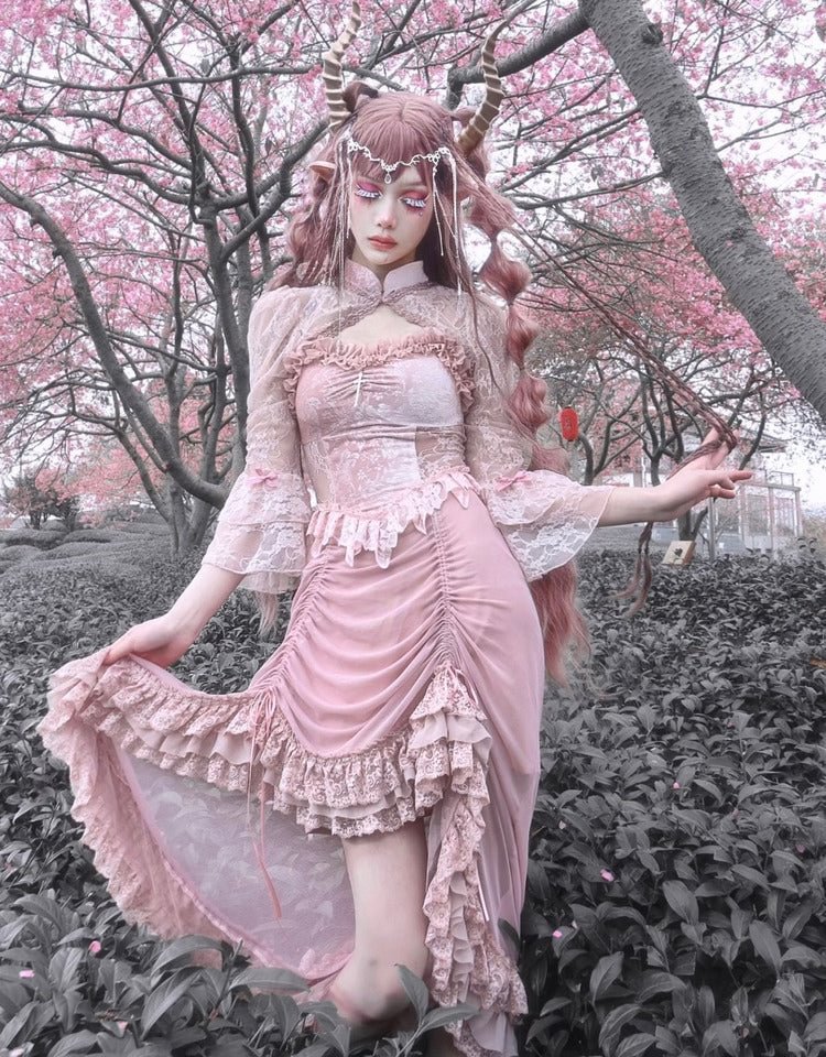 Cherry Blossoms Pink Gothic Velvet Drawstring Dress Elegant Long Dress