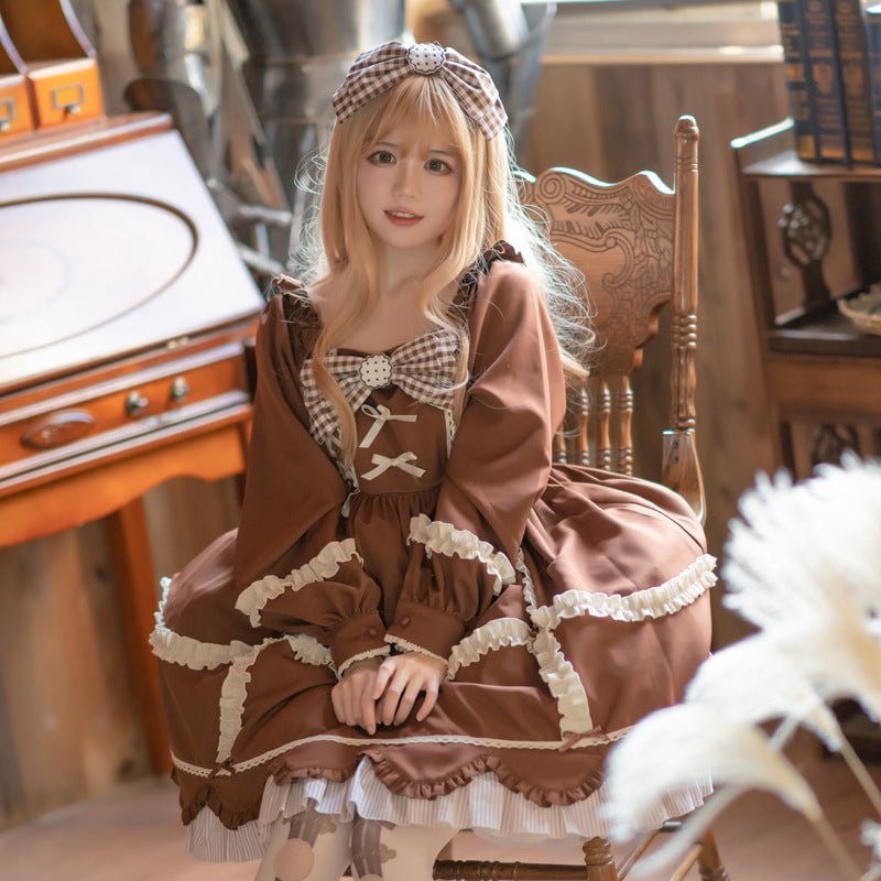 Chocolate Brown Sweetheart Cute Dress Lolita Long Sleeve OP