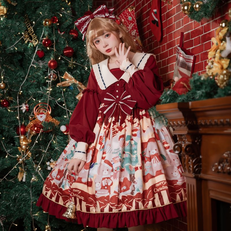 Christmas Bear Print Dress Op Red Sweet Cute High-waisted Lolita Princess Dress