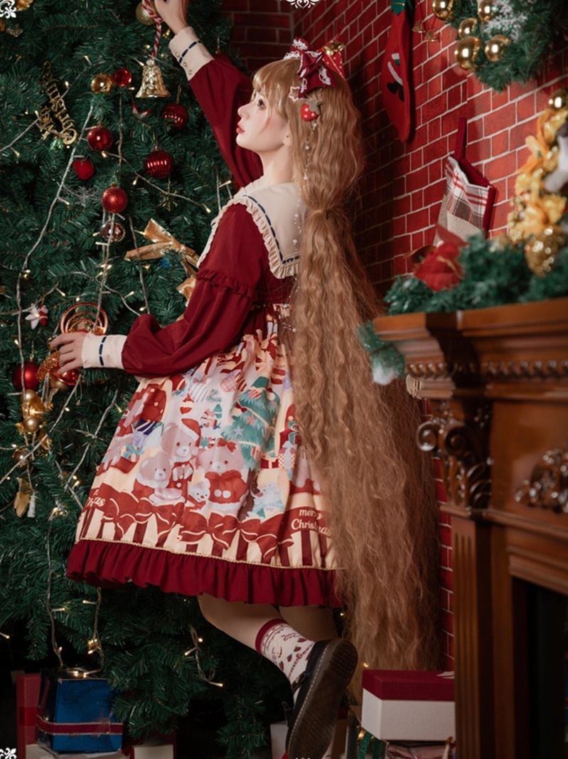 Christmas Bear Print Dress Op Red Sweet Cute High-waisted Lolita Princess Dress