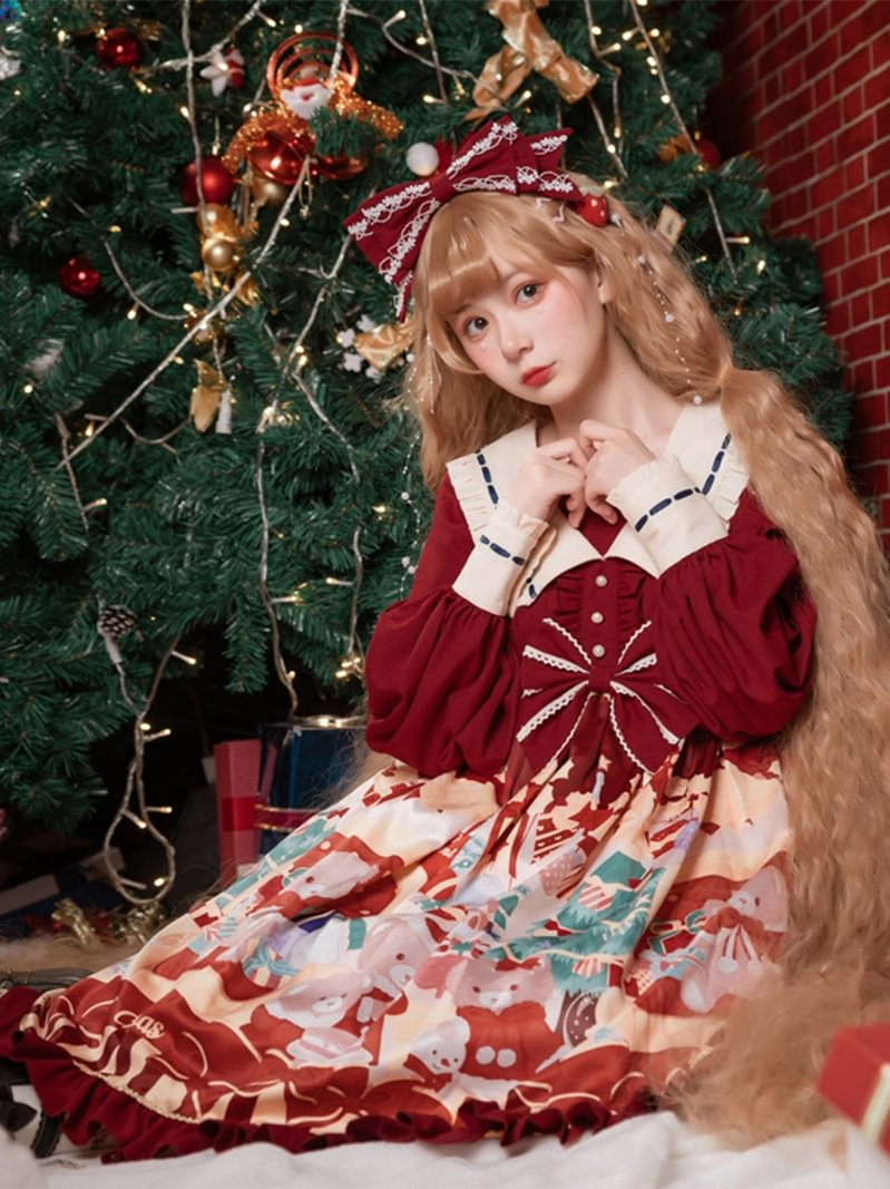 Christmas Bear Print Dress Op Red Sweet Cute High-waisted Lolita Princess Dress