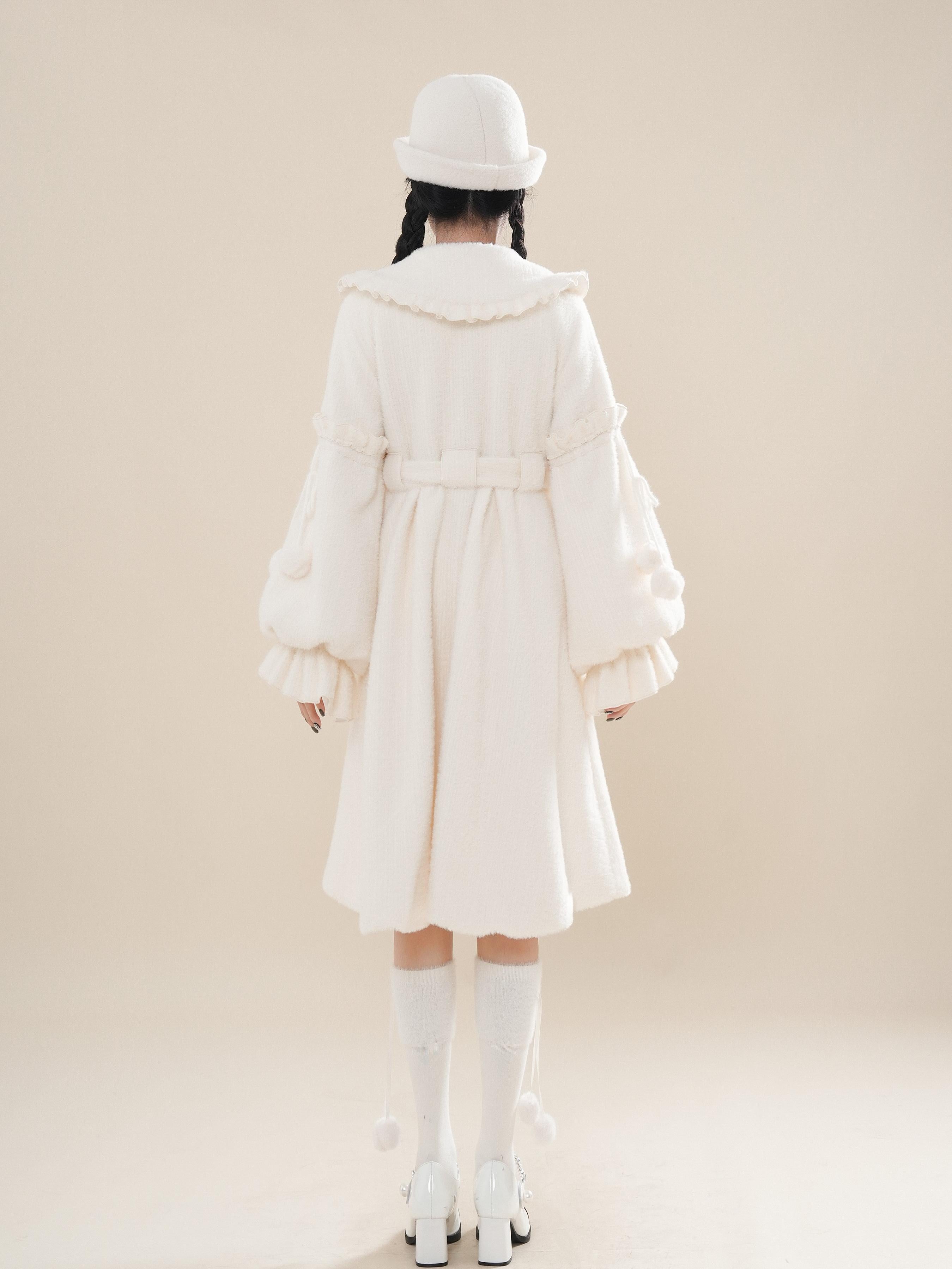 Christmas Bow Loose White Lolita Coat Padded Woolen Coat Women's Autumn and Winter