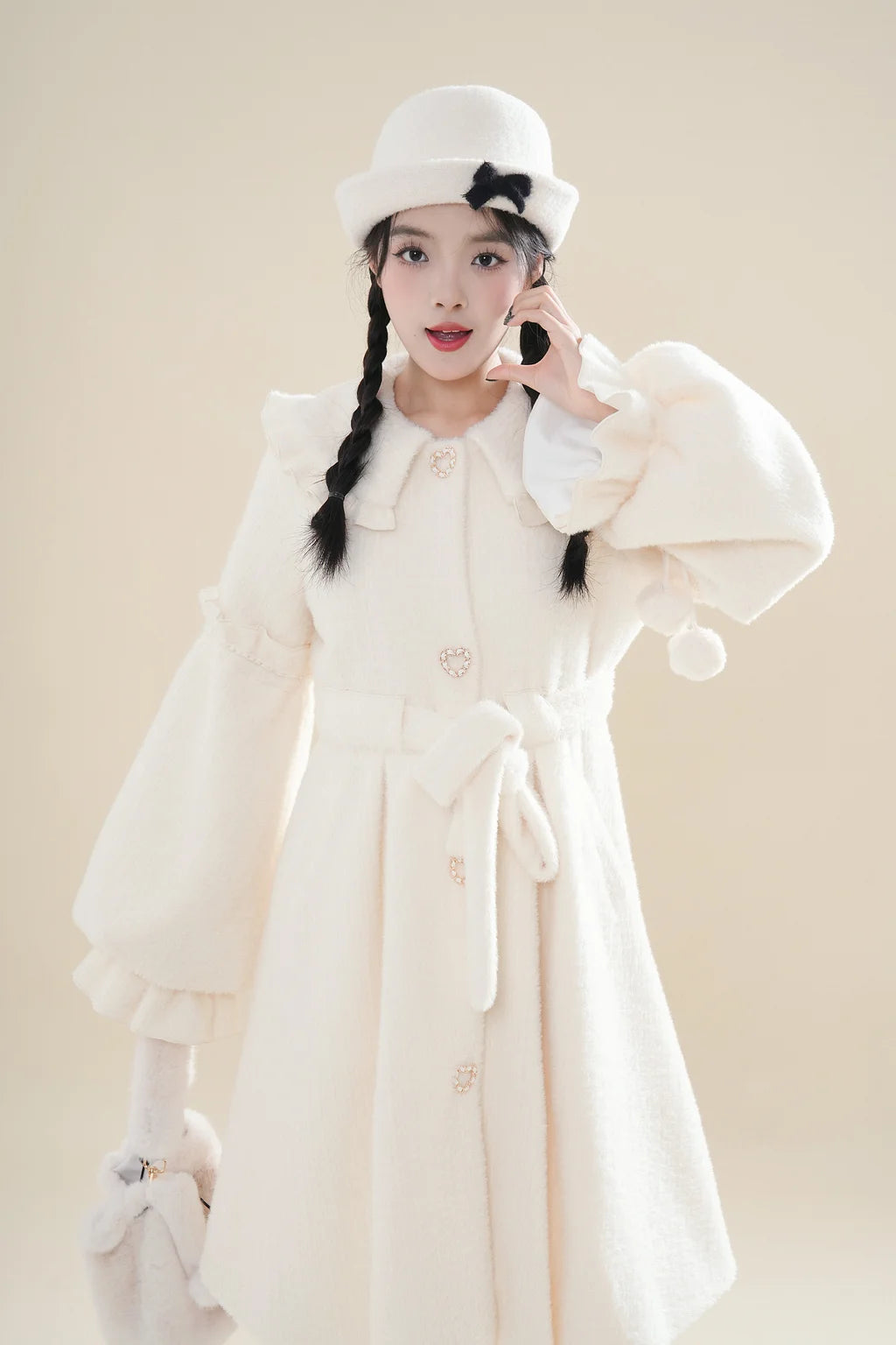 Christmas Bow Loose White Lolita Coat Padded Woolen Coat Women's Autumn and Winter