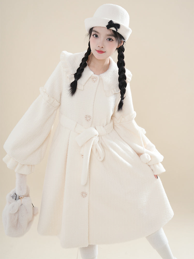 Christmas Bow Loose White Lolita Coat Padded Woolen Coat Women's Autumn and Winter