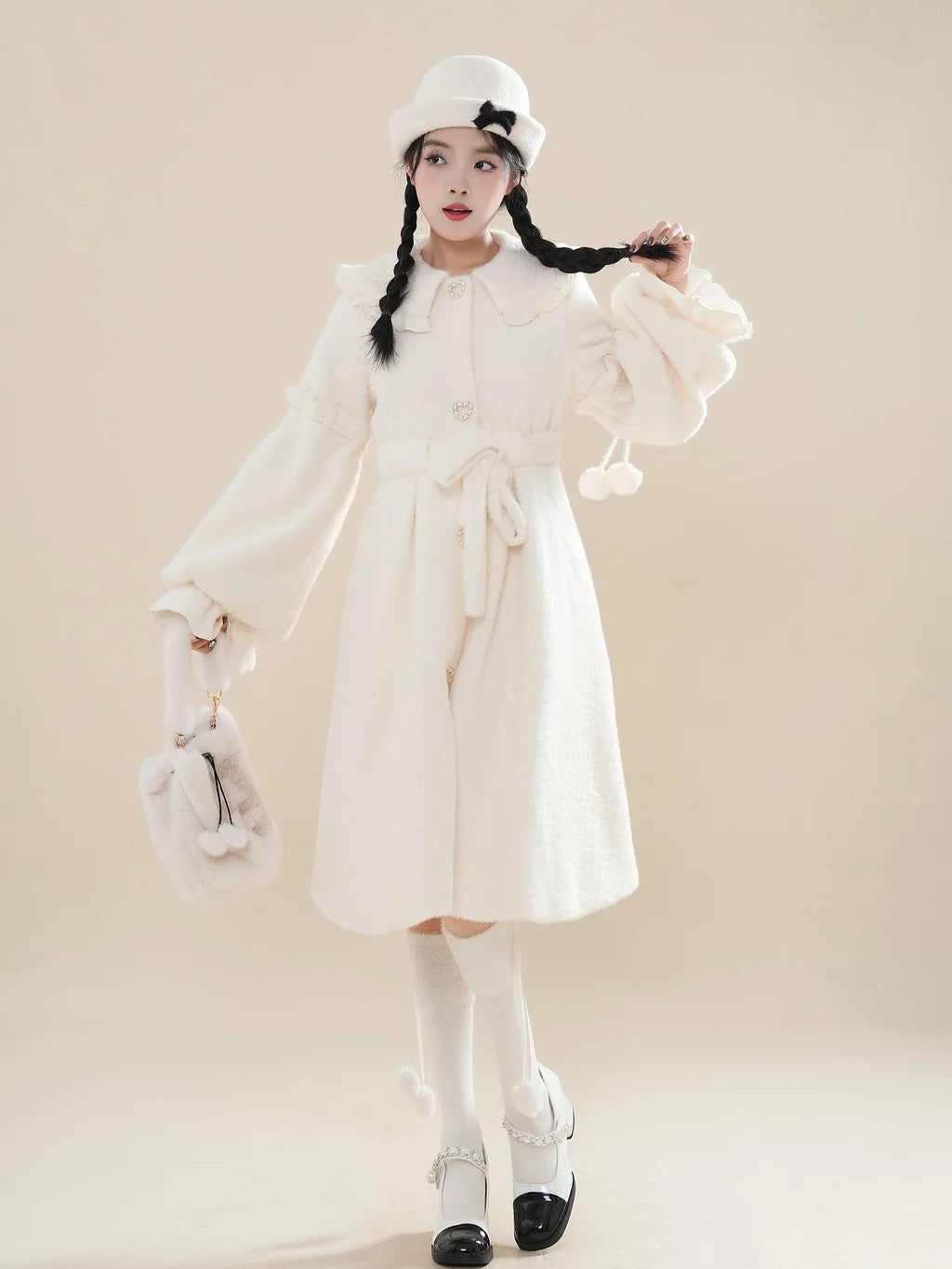 Christmas Bow Loose White Lolita Coat Padded Woolen Coat Women's Autumn and Winter