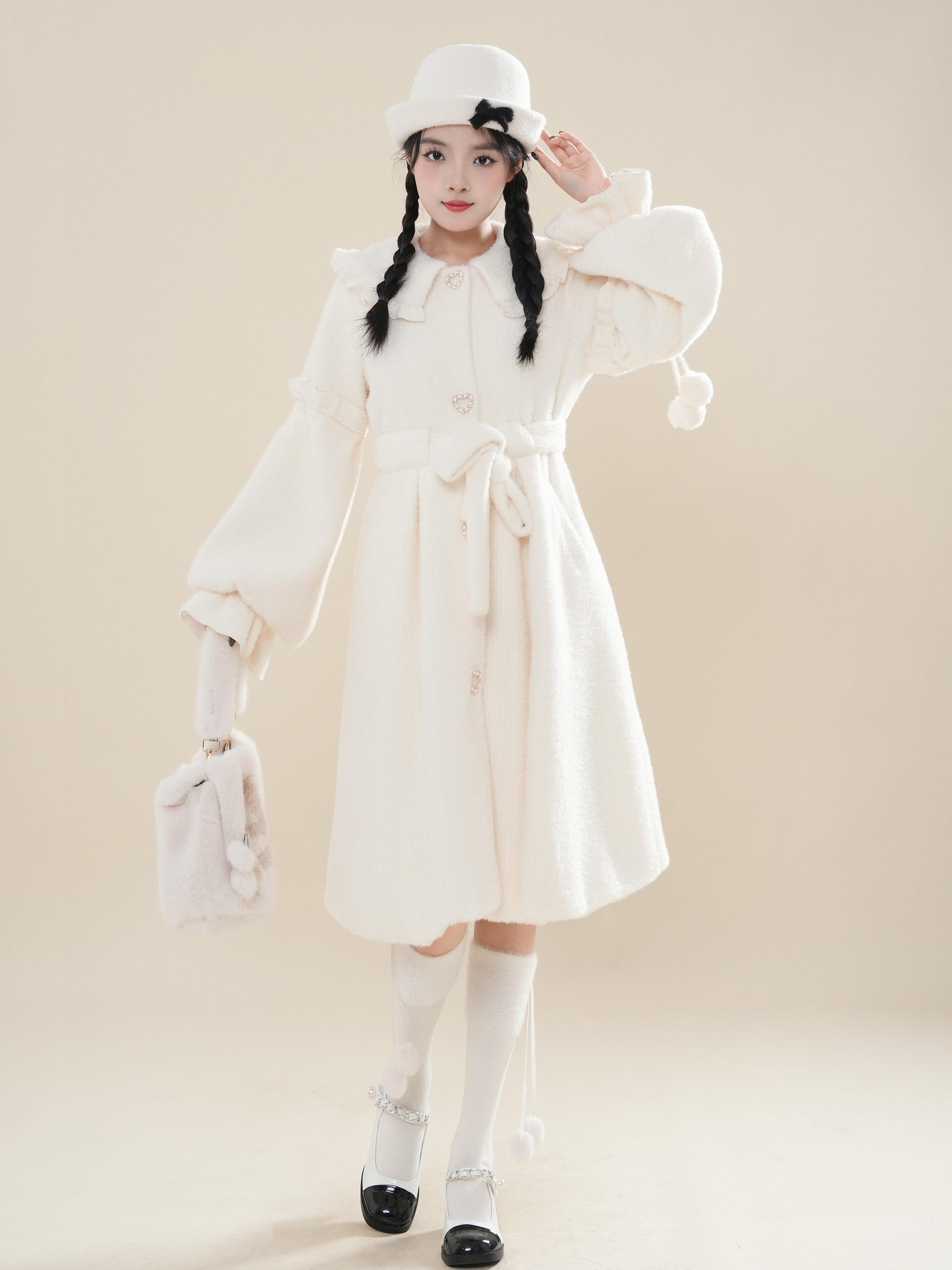 Christmas Bow Loose White Lolita Coat Padded Woolen Coat Women's Autumn and Winter