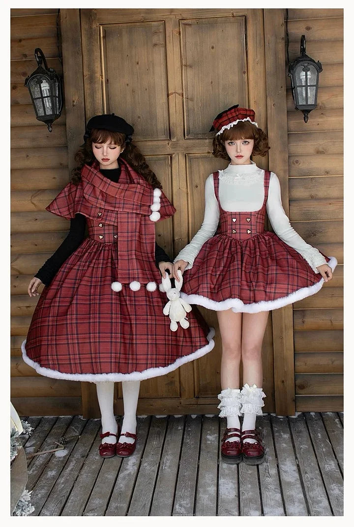 Christmas Dress Red Long and Short Fishbone Breast Support Cape Gemini Autumn&Winter Lolita