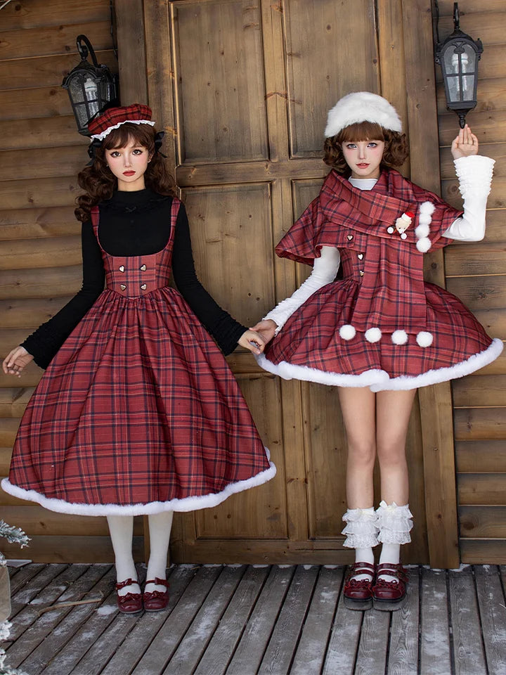Christmas Dress Red Long and Short Fishbone Breast Support Cape Gemini Autumn&Winter Lolita