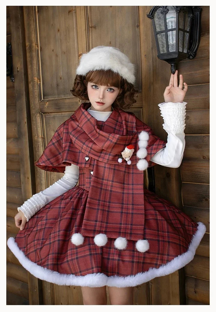 Christmas Dress Red Long and Short Fishbone Breast Support Cape Gemini Autumn&Winter Lolita