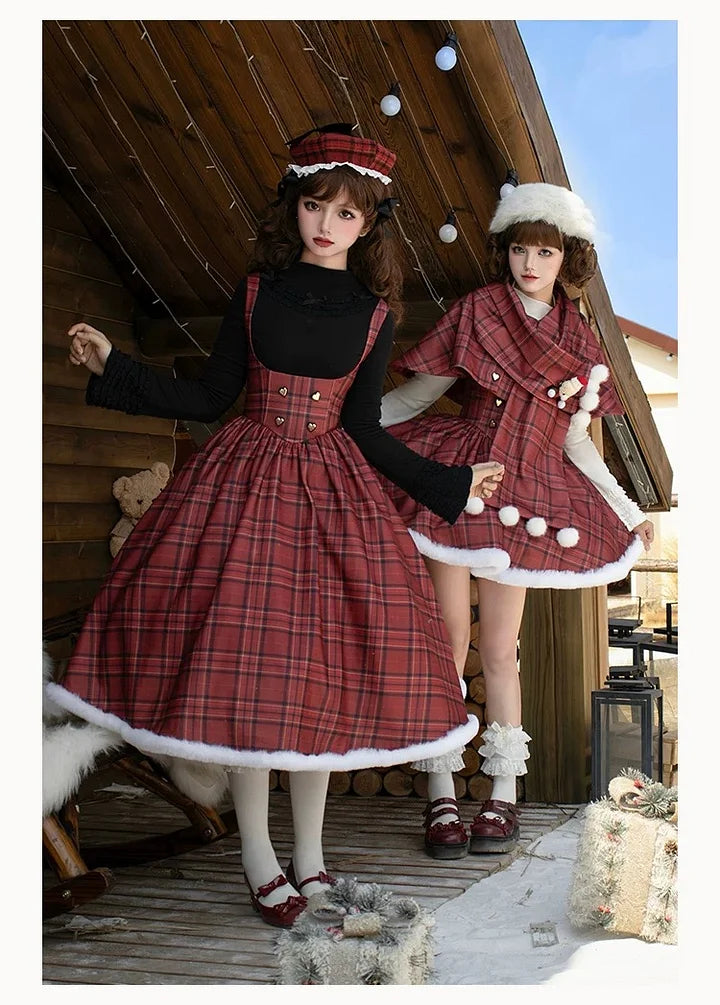 Christmas Dress Red Long and Short Fishbone Breast Support Cape Gemini Autumn&Winter Lolita