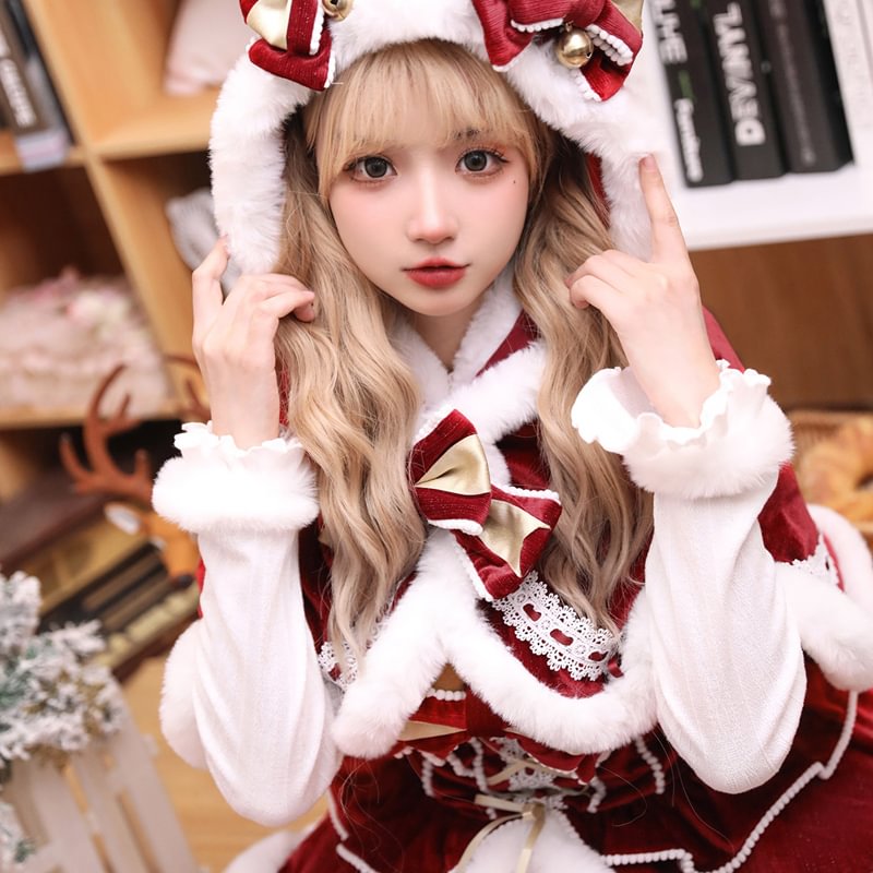 Sweet Lolita Red Cake Cape Dress Three-piece Set for Christmas
