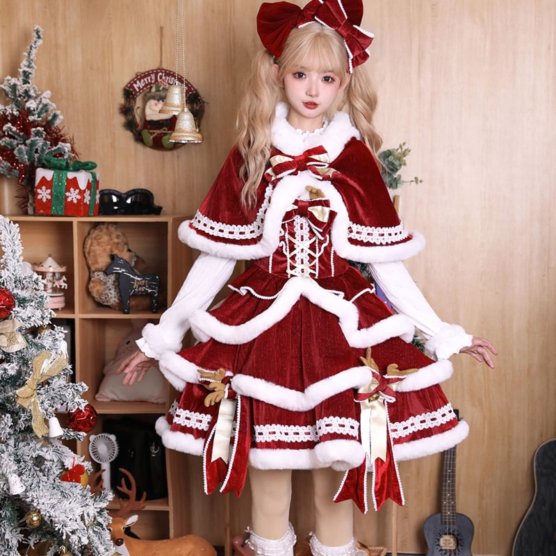 Sweet Lolita Red Cake Cape Dress Three-piece Set for Christmas