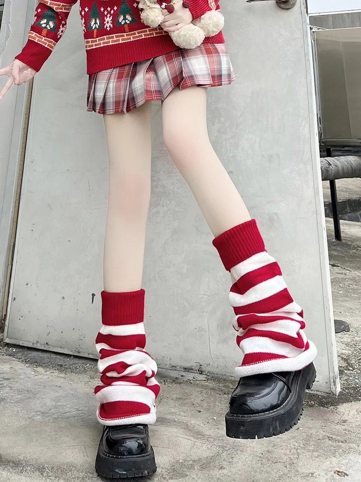 Lolita Stockings Red Green Socks Calf Autumn and Winter Striped Lolita Accessories for Christmas