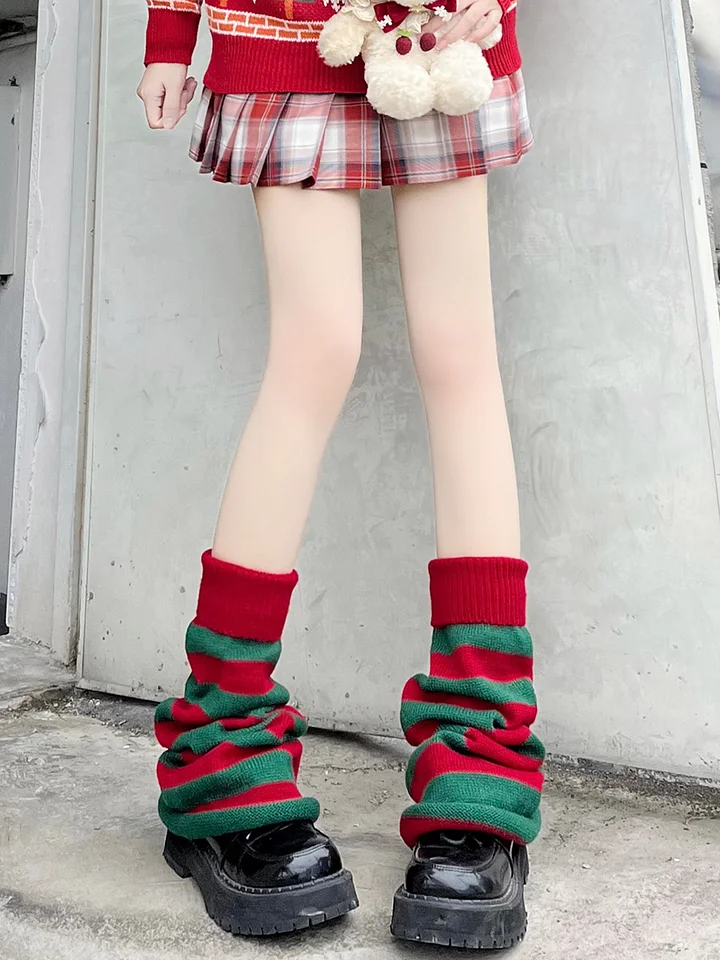 Lolita Stockings Red Green Socks Calf Autumn and Winter Striped Lolita Accessories for Christmas