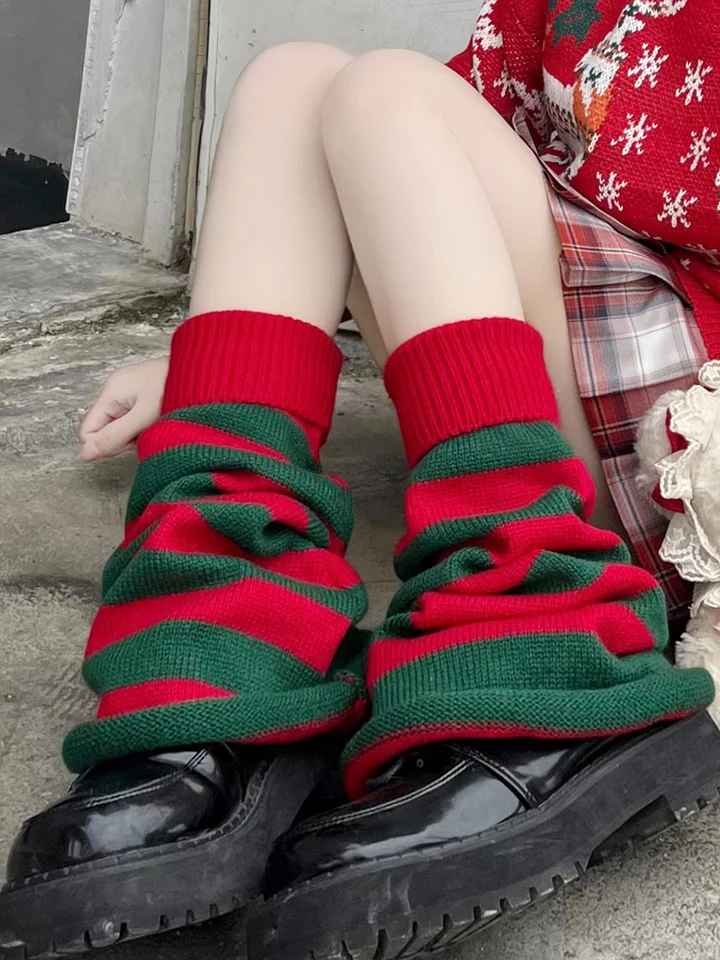 Lolita Stockings Red Green Socks Calf Autumn and Winter Striped Lolita Accessories for Christmas