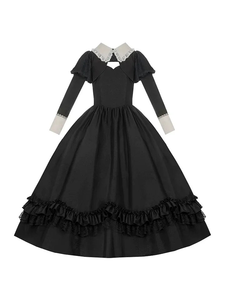 Classic Black Gothic Lolita Long Dresses in Autumn Elegant Maxi Dress JSK Coat