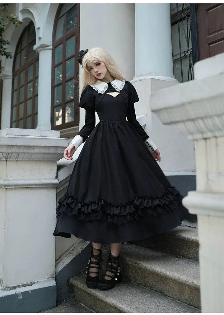 Classic Black Gothic Lolita Long Dresses in Autumn Elegant Maxi Dress JSK Coat