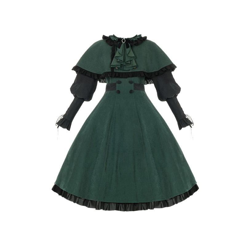 Classic Black and Green Contrast Op Cape 2-piece Set Lolita Autumn/winter Lolita Dresses