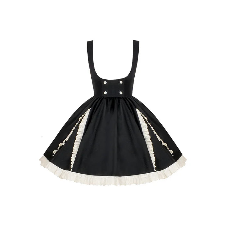Classic Black and White Lace Splicing Shirt Chest Strap Skirt Autumn Lolita Elegant Suit Dress