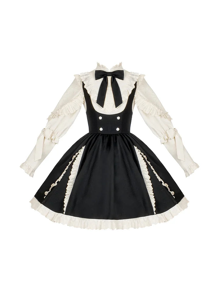 Classic Black and White Lace Splicing Shirt Chest Strap Skirt Autumn Lolita Elegant Suit Dress