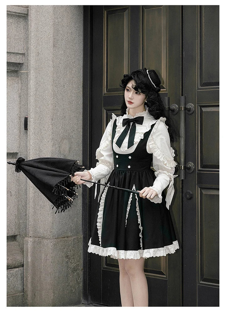 Classic Black and White Lace Splicing Shirt Chest Strap Skirt Autumn Lolita Elegant Suit Dress