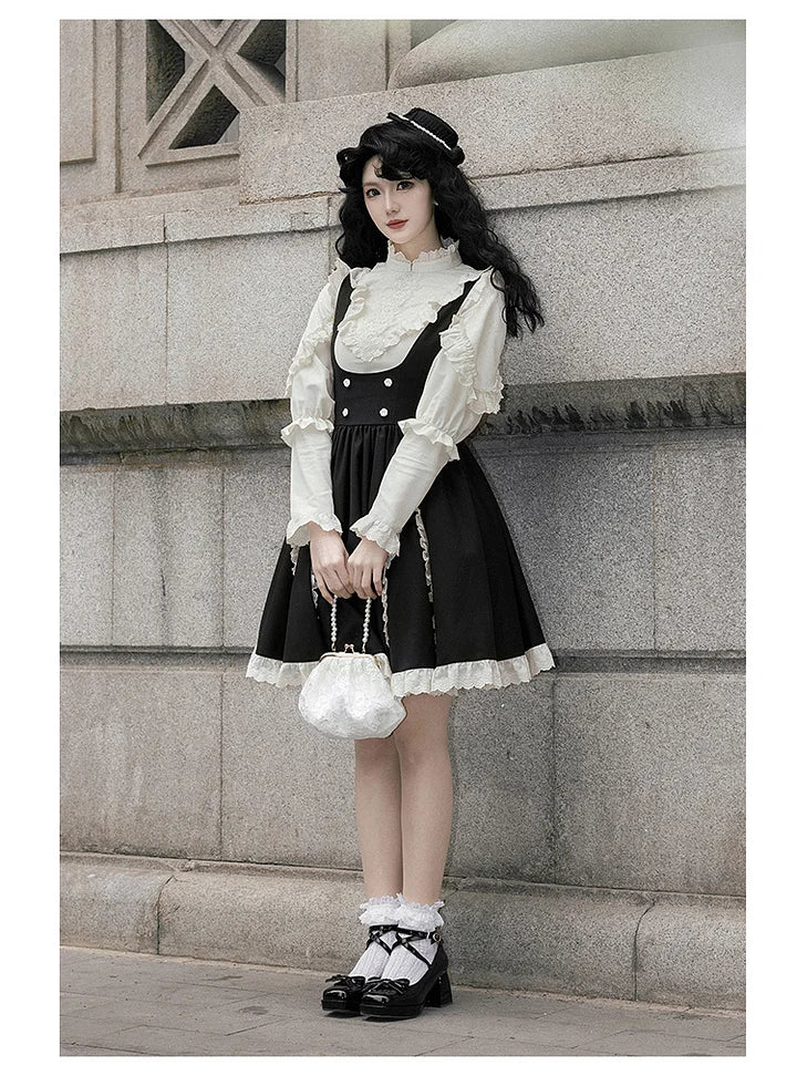 Classic Black and White Lace Splicing Shirt Chest Strap Skirt Autumn Lolita Elegant Suit Dress