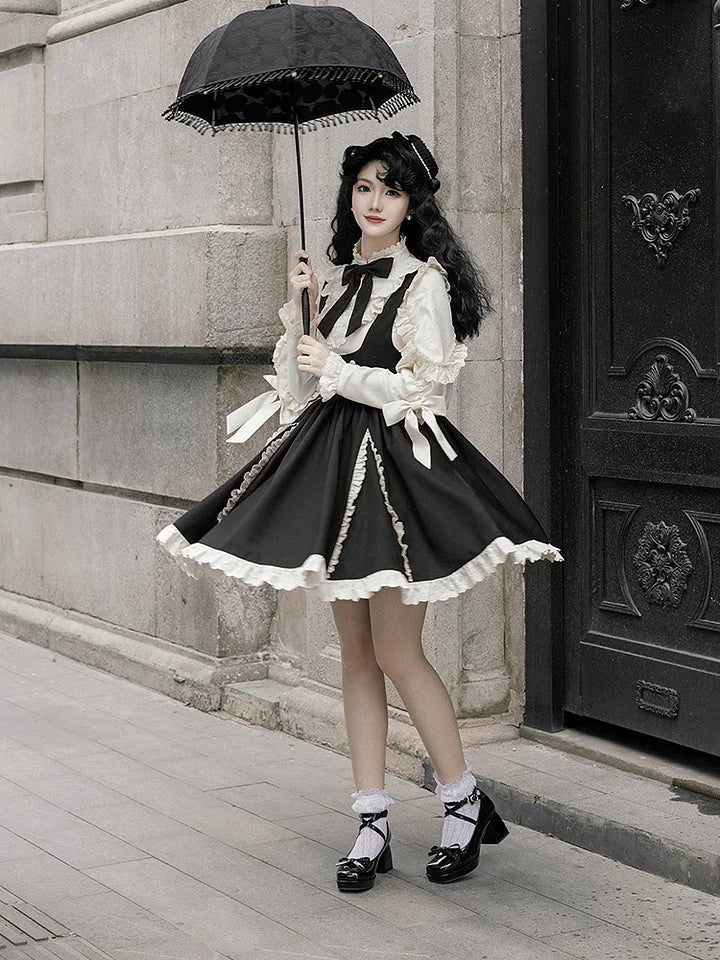 Classic Black and White Lace Splicing Shirt Chest Strap Skirt Autumn Lolita Elegant Suit Dress