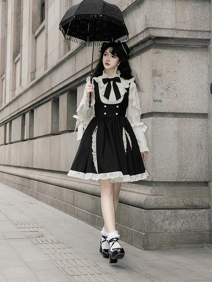Classic Black and White Lace Splicing Shirt Chest Strap Skirt Autumn Lolita Elegant Suit Dress