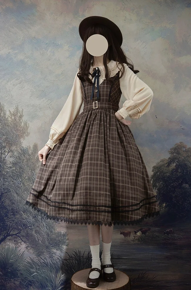 Classic British Style Elegant Brown Plaid Jumper Skirt JSK Lolita Dresses