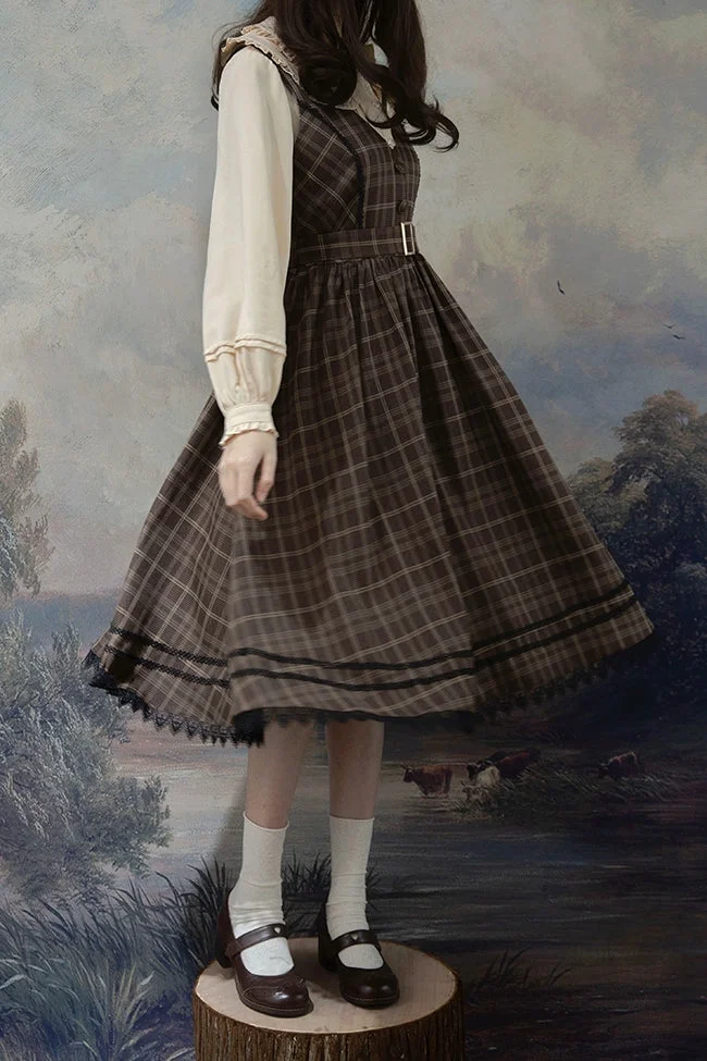Classic British Style Elegant Brown Plaid Jumper Skirt JSK Lolita Dresses