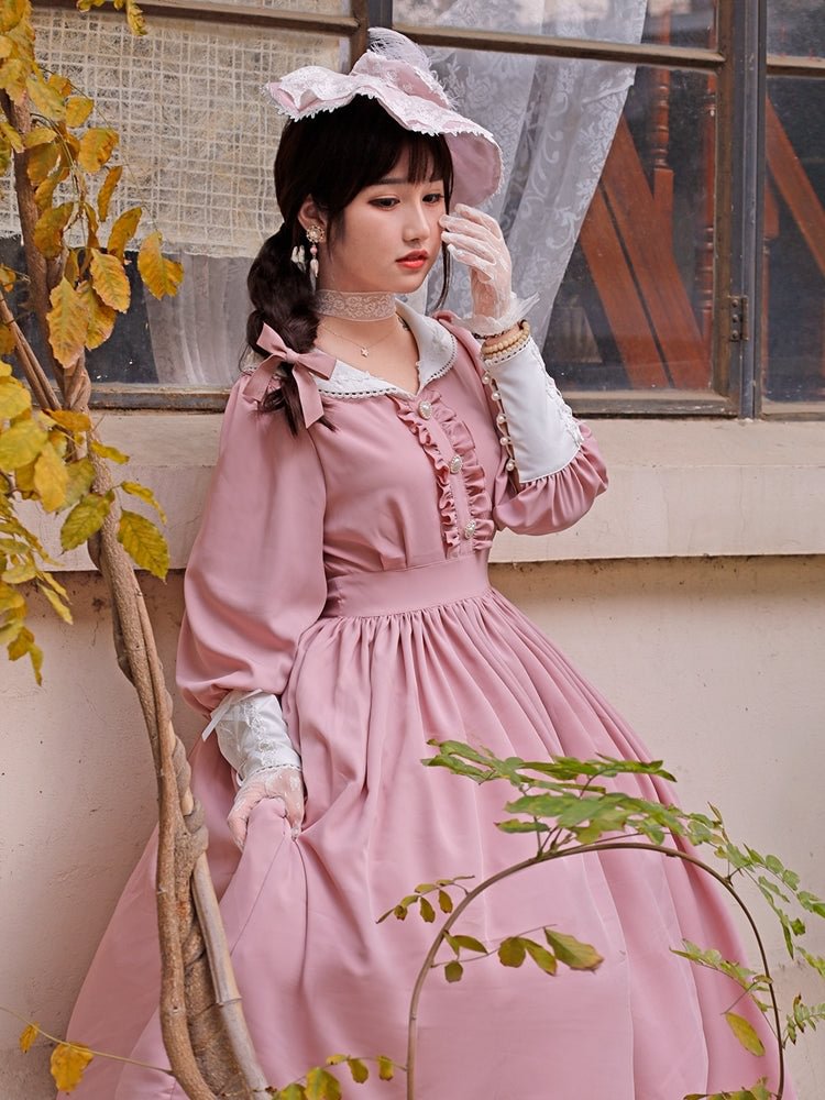 Classic College Style Student Red Pink Lolita Dress OP Simple Solid Color