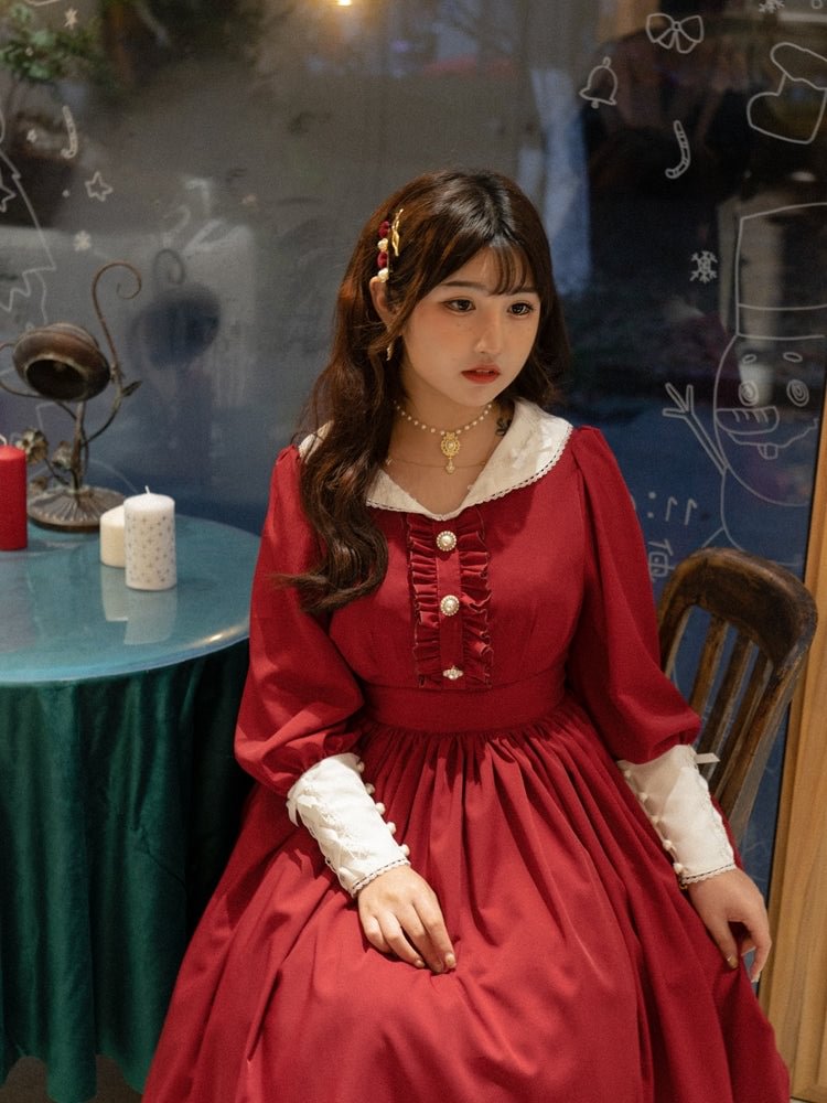 Classic College Style Student Red Pink Lolita Dress OP Simple Solid Color