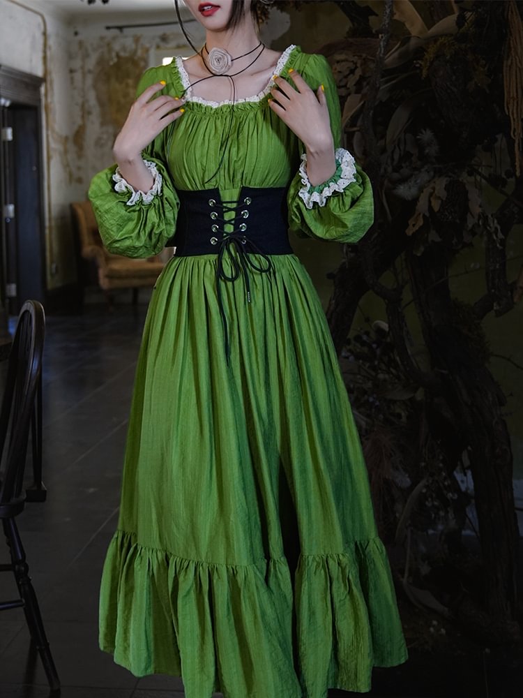 Classic Court Vintage Square Neck Lantern Sleeve Tencel Tie High Waist Pendulum Dress Lolita