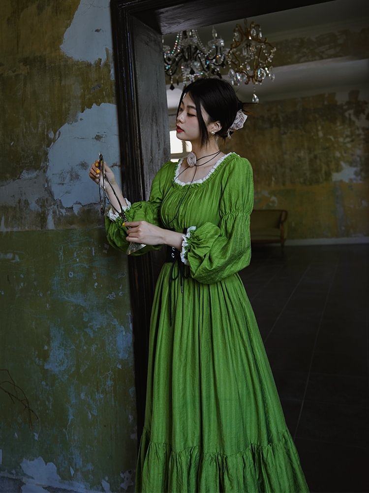 Classic Court Vintage Square Neck Lantern Sleeve Tencel Tie High Waist Pendulum Dress Lolita