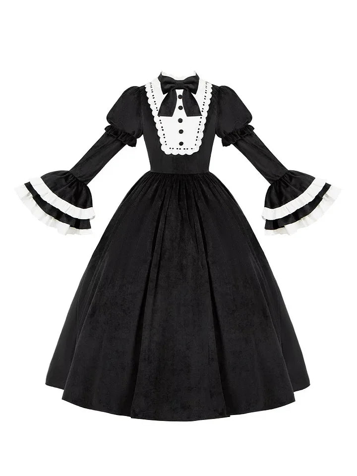 Classic Hepburn Style Black-white Velvet Elegant Long Sleeved Dress Lolita Bow Maxi Dress in Autumn and Winter OP