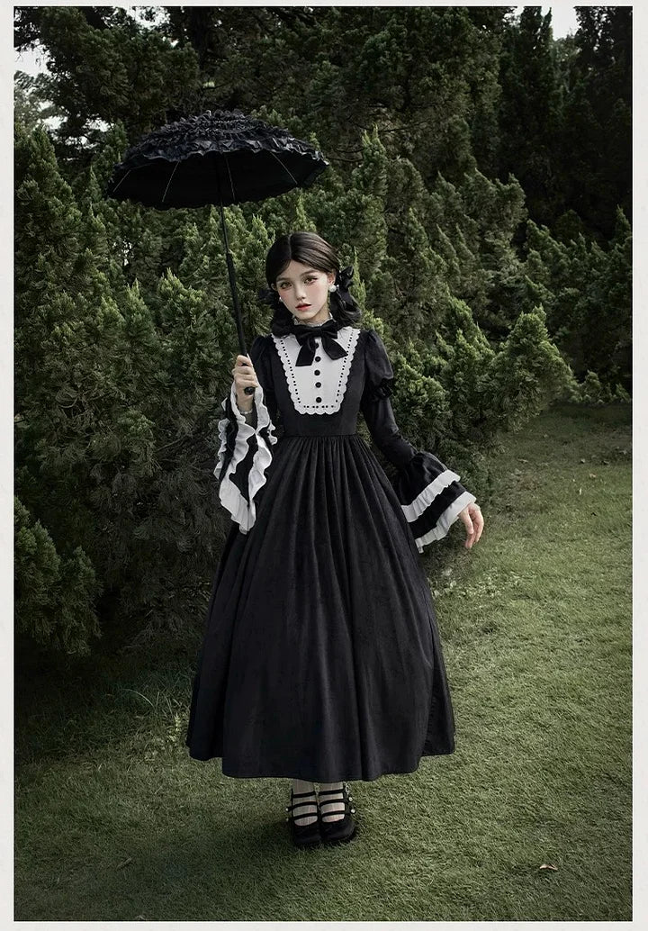 Classic Hepburn Style Black-white Velvet Elegant Long Sleeved Dress Lolita Bow Maxi Dress in Autumn and Winter OP