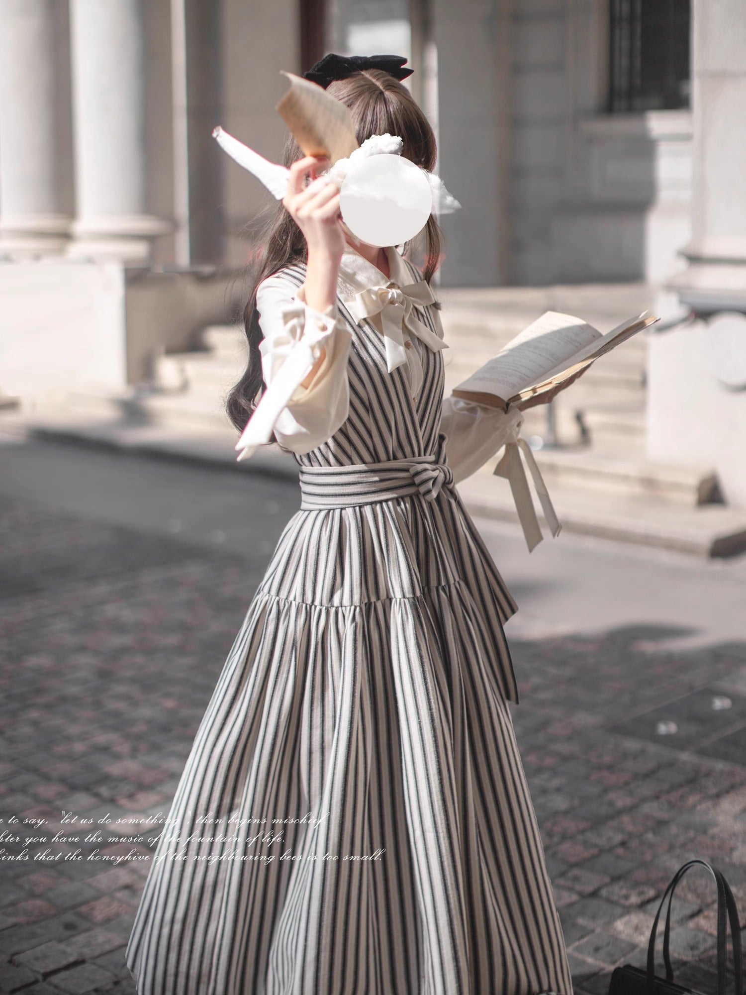 Classic Lolita Belted Striped Maxi Dress Retro Striped Dress  French College Style