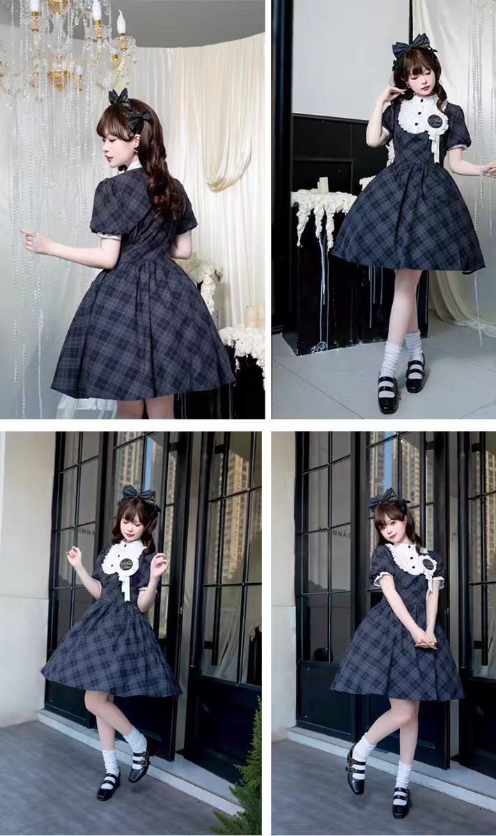 Classic Lolita Badge - Accented Black Plaid Dress Daily Summer Plaid Dress