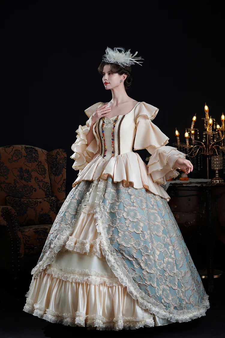 Adorn yourself in timeless elegance with this exquisite Victorian-style Lolita dress. Delicately crafted in soft blue or champagne hues, the gown features dramatic bell sleeves adorned with tiered lace frills and intricate embroidered details. The fitted bodice flows into a classic princess silhouette, embodying royal romance and sophistication. Perfect for formal events, tea parties, or photography, this piece captures the opulence of Victorian fashion with a delicate Lolita charm.