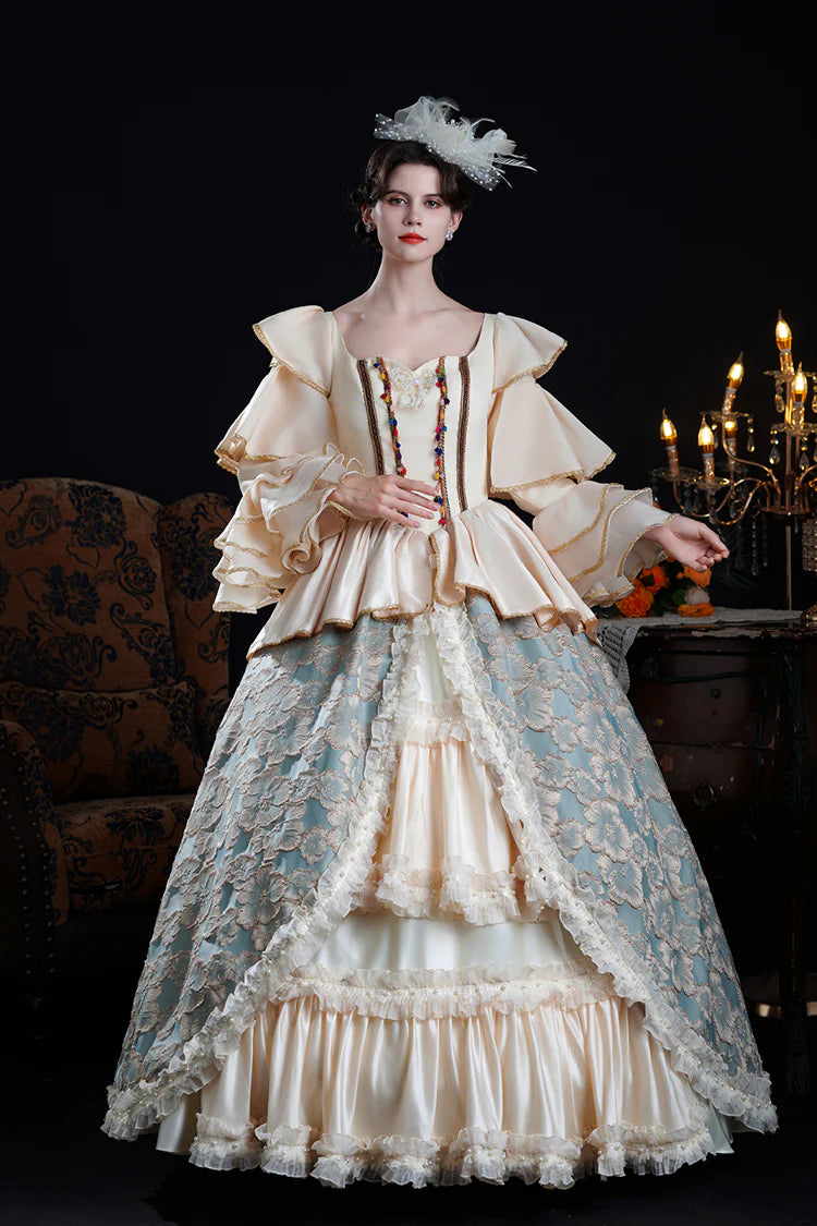 Adorn yourself in timeless elegance with this exquisite Victorian-style Lolita dress. Delicately crafted in soft blue or champagne hues, the gown features dramatic bell sleeves adorned with tiered lace frills and intricate embroidered details. The fitted bodice flows into a classic princess silhouette, embodying royal romance and sophistication. Perfect for formal events, tea parties, or photography, this piece captures the opulence of Victorian fashion with a delicate Lolita charm.