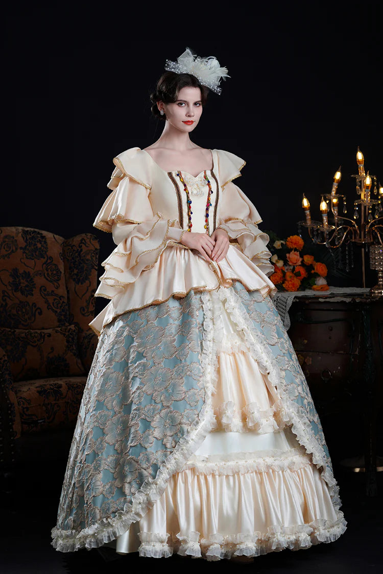Adorn yourself in timeless elegance with this exquisite Victorian-style Lolita dress. Delicately crafted in soft blue or champagne hues, the gown features dramatic bell sleeves adorned with tiered lace frills and intricate embroidered details. The fitted bodice flows into a classic princess silhouette, embodying royal romance and sophistication. Perfect for formal events, tea parties, or photography, this piece captures the opulence of Victorian fashion with a delicate Lolita charm.
