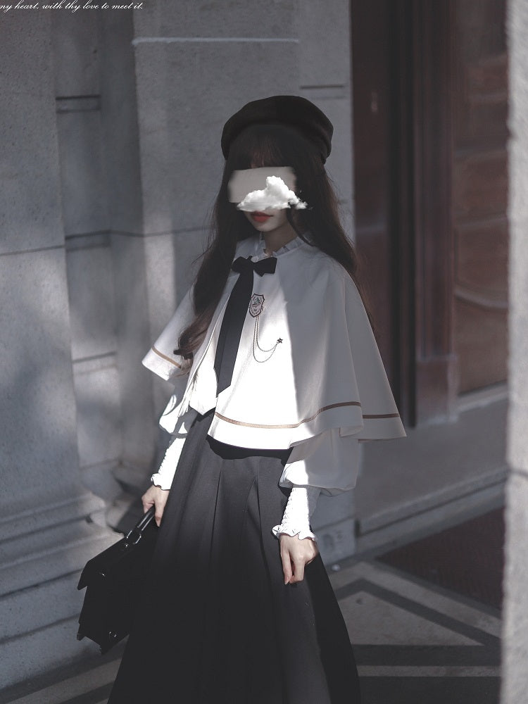 Classic Lolita Bow Accented Cape Set Vest Shirt Long Skirt Western Style JK Uniform School Dress