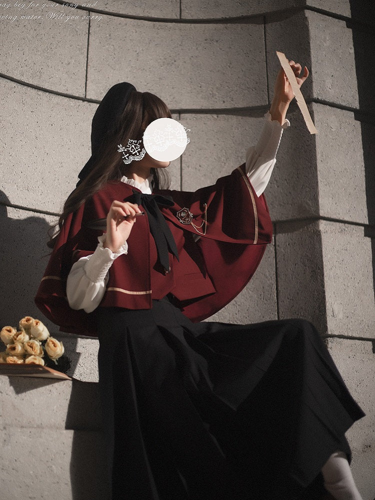 Classic Lolita Bow Accented Cape Set Vest Shirt Long Skirt Western Style JK Uniform School Dress