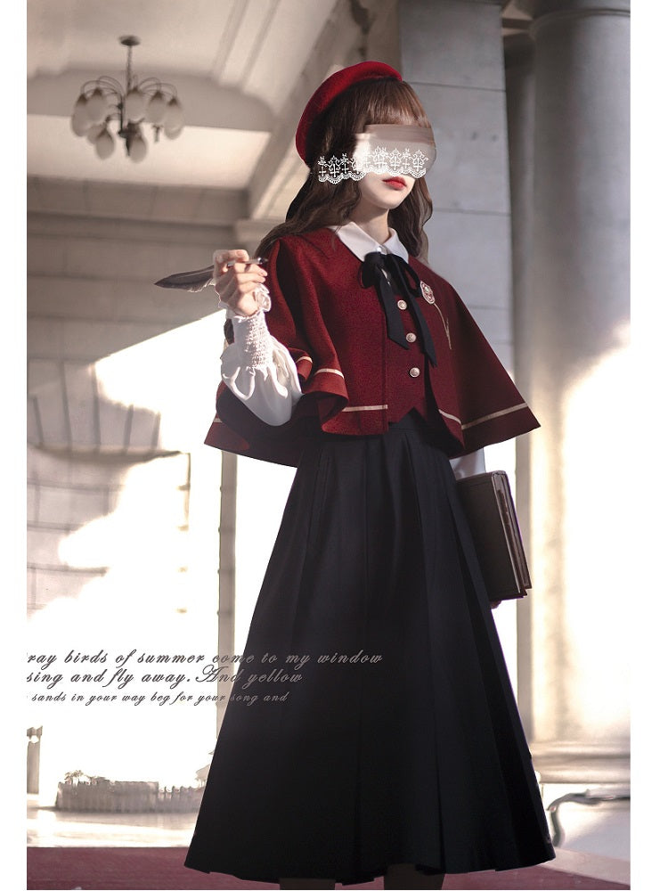 Classic Lolita Bow Accented Cape Set Vest Shirt Long Skirt Western Style JK Uniform School Dress