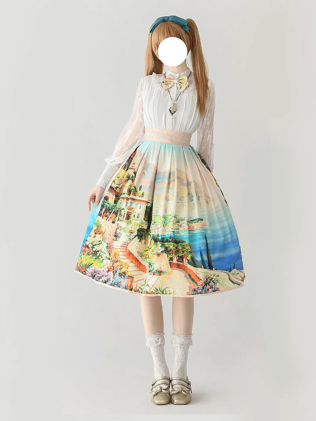 Classic Lolita Cyan Oil Painting Art Inspired Skirt Series Printed 77cm 85cm