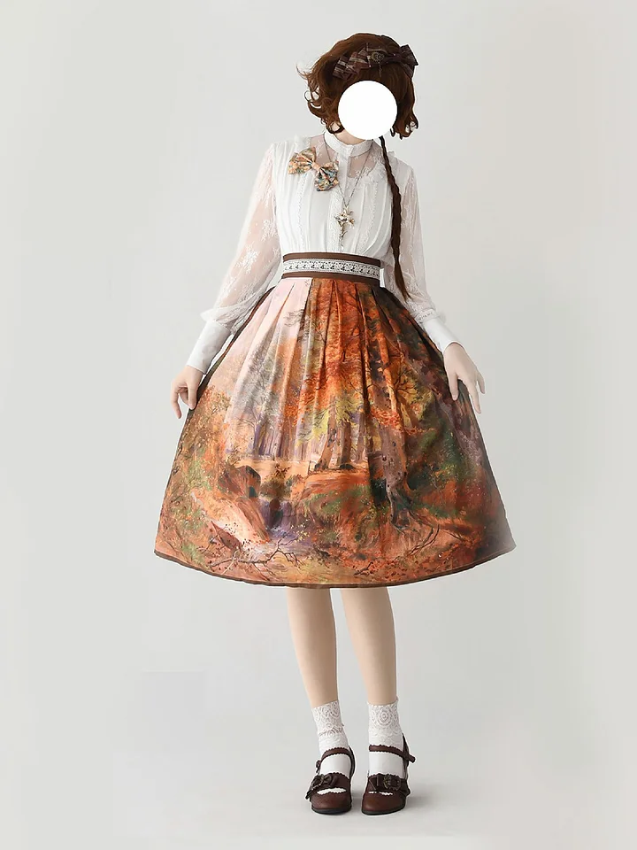 Classic Lolita Cyan Oil Painting Art Inspired Skirt Series Printed 77cm 85cm
