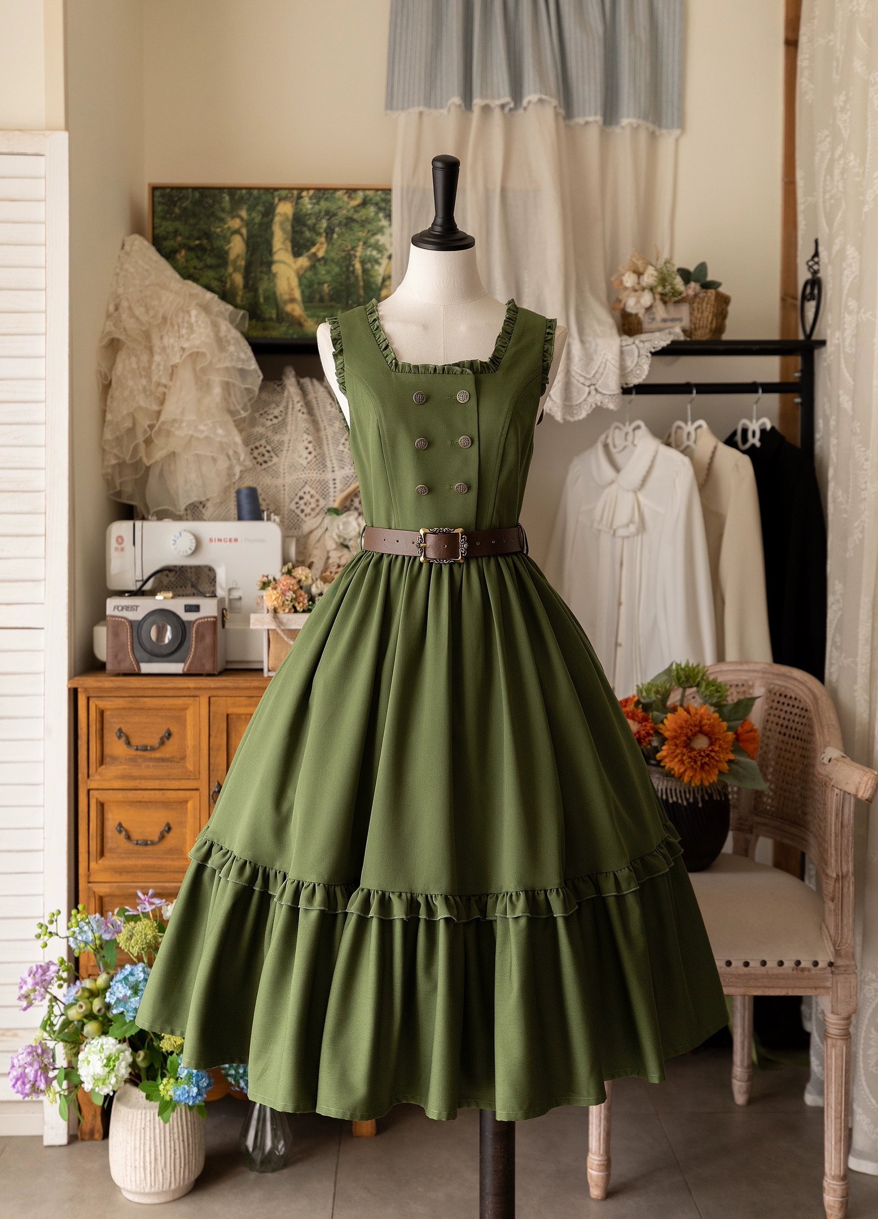 Classic Lolita French Victorian JSK Flounce Dress Green Blue Black Elegant Long Sleeve
